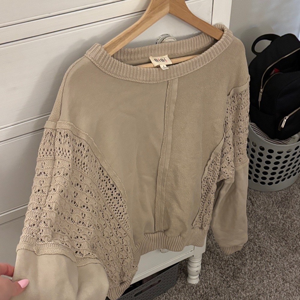 BiBi Beige Sweater with Crochet Sleeves - Picture 2 of 7